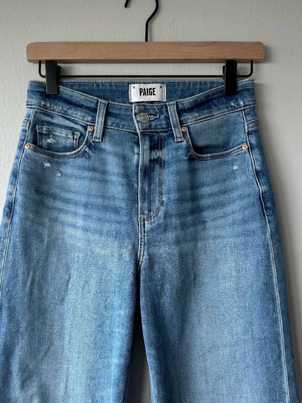 PAIGE Anessa High Rise Wide Leg Crop Jeans Raw Hem Light Wash Denim Size 25 - Picture 4 of 15